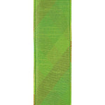 Load image into Gallery viewer, The solid lime-green reverse side of the deluxe backed ribbon, showcasing its premium slubbed dupioni texture and clean, uniform stitched edge profile.
