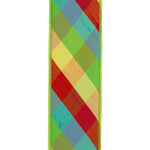 Load image into Gallery viewer, Close-up front view of the Deluxe Dupioni ribbon highlighting the slub fabric texture overlaid with a vibrant diagonal red, yellow, and blue plaid print with green stitched wired borders.
