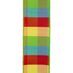 Load image into Gallery viewer, Close-up front view of the Primary Jumbo Plaid ribbon, showcasing the luxurious silk-inspired slub texture and the crisp grid lines of the colorful woven pattern.
