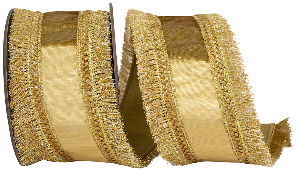 5 yards --- 2 ½ inch -- Gold Color -- Plush Velvet Fringed Trimming Deluxe Dupioni Backed Wired Edge -- Christmas Ribbon