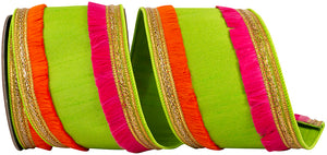 5 yards --- 4 inch -- Dupioni - Orange / Fuchsia - Trimming Fringe Color Deluxe Wired Edge - Christmas Ribbon