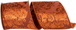 Load image into Gallery viewer, Copper velvet filigree deluxe wired edge ribbon shown on a 5-yard roll with an elegant textured damask-style pattern.
