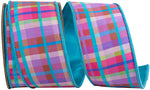 Load image into Gallery viewer, Bright multicolor plaid turquoise backed wired ribbon in 2-1/2 inch width
