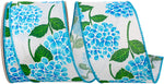 Load image into Gallery viewer, Blue hydrangea floral wired edge ribbon spool featuring bright linen-style white fabric with vibrant blue hydrangea blooms and green leaves, 2-1/2 inch width, 10-yard roll for wreaths, bows, floral arrangements, gift wrapping, and seasonal decorative crafts.
