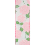Load image into Gallery viewer, Reverse side of pink hydrangea bright linen wired edge ribbon showing softer pastel pink floral hydrangea pattern with green leaves on a white linen-textured background, finished with turquoise wired edges for versatile decorative use.
