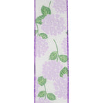 Load image into Gallery viewer, Reverse side of lavender hydrangea bright linen wired edge ribbon showing softer pastel lavender floral hydrangea pattern with green leaves on a white linen-textured background, finished with turquoise wired edges for versatile decorative use.
