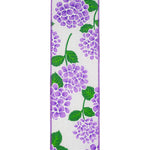 Load image into Gallery viewer, Lavender hydrangea floral bright linen wired edge ribbon featuring vibrant lavender hydrangea blossoms with green leaves on a white linen-style background, accented with turquoise wired edges for wreaths, bows, floral arrangements, and seasonal decorative crafts.
