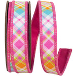Load image into Gallery viewer, A loose curl of the wide Bright Plaid Diagonal Deluxe Backed Wired Edge Ribbon, displaying its vibrant multi-color diagonal plaid face and rich hot pink backing fabric.
