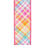 Load image into Gallery viewer, Close-up front view of the deluxe backed ribbon highlighting the woven texture overlaid with a bright orange, green, and pink diagonal plaid print with hot pink stitched wired borders.
