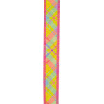 Load image into Gallery viewer, Close-up front view of the Deluxe Dupioni ribbon highlighting the linen-style slub weave overlaid with a lime, yellow, and lavender plaid print with pink stitched wired borders.
