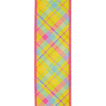 Load image into Gallery viewer, Close-up front view of the Deluxe Dupioni ribbon highlighting the linen-style slub weave overlaid with a lime, yellow, and lavender plaid print with pink stitched wired borders.
