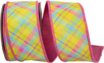 Load image into Gallery viewer, A loose curl of the Springtime Plaid Deluxe Dupioni Backed Wired Edge Ribbon, displaying its vibrant multi-color plaid face and solid pink backing fabric.
