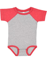 Load image into Gallery viewer, Baby (Raglan Short Sleeve Baseball Bodysuit) -- 100% Cotton -- Vintage Heather / Vintage Red
