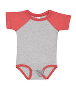 Load image into Gallery viewer, Baby (Raglan Short Sleeve Baseball Bodysuit) -- 100% Cotton -- Vintage Heather / Vintage Red
