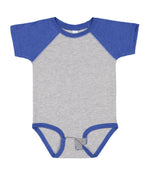 Load image into Gallery viewer, Baby (Raglan Short Sleeve Baseball Bodysuit) -- 100% Cotton -- Vintage Heather / Vintage Royal
