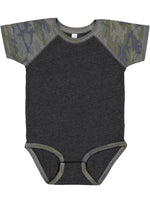 Load image into Gallery viewer, Baby (Raglan Short Sleeve Baseball Bodysuit) -- 100% Cotton -- Vintage Smoke / Vintage Camo
