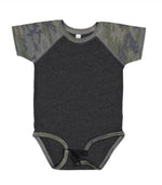 Load image into Gallery viewer, Baby (Raglan Short Sleeve Baseball Bodysuit) -- 100% Cotton -- Vintage Smoke / Vintage Camo
