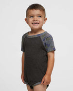 Load image into Gallery viewer, Baby (Raglan Short Sleeve Baseball Bodysuit) -- 100% Cotton -- Vintage Smoke / Vintage Camo
