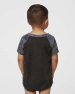 Load image into Gallery viewer, Baby (Raglan Short Sleeve Baseball Bodysuit) -- 100% Cotton -- Vintage Smoke / Vintage Camo
