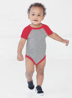 Load image into Gallery viewer, Baby (Raglan Short Sleeve Baseball Bodysuit) -- 100% Cotton -- Vintage Heather / Vintage Red
