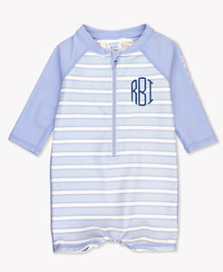 Boys' Long Sleeve One Piece Rash Guard --- UPF 50+ Sun Protection --- Periwinkle Blue & Windsurfer Stripes Design by RuggedButts®