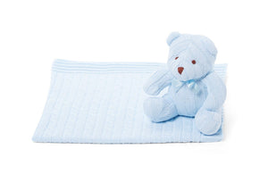 Cable Knit Baby Blanket Set (with Teddy Bear) -- 30 x 36 in - Blue Color