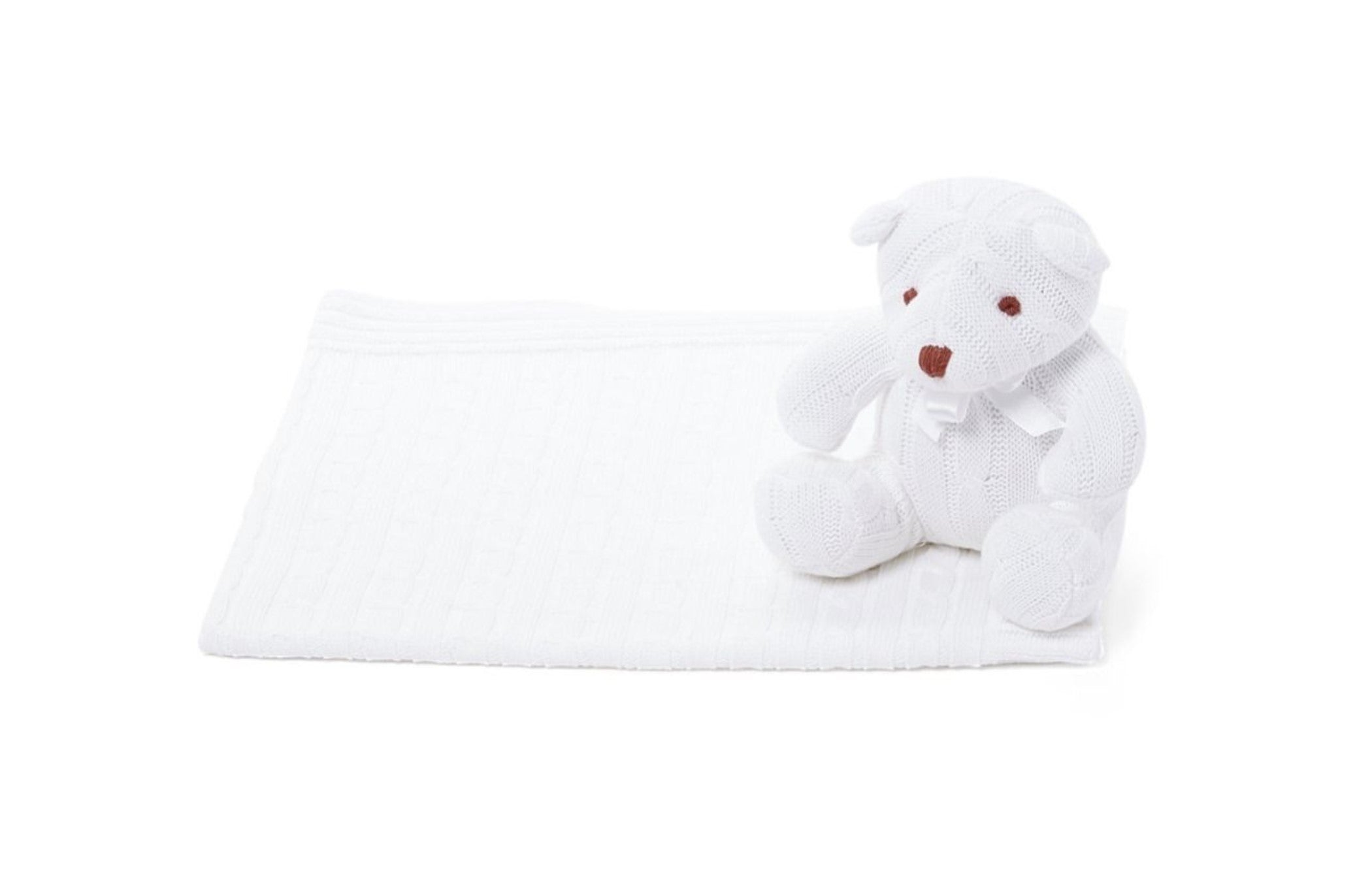 Cable Knit Baby Blanket Set (with Teddy Bear) -- 30 x 36 in - White Color