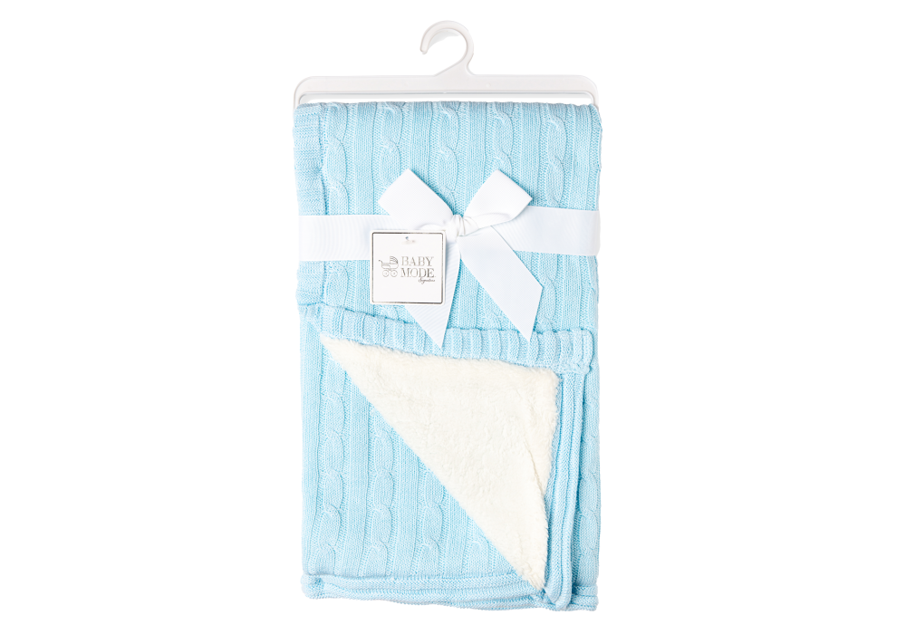 Cable Knit Sherpa Baby Blanket -- 30 x 36 in - Blue Color