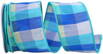 Load image into Gallery viewer, Dupioni Blues Plaid wired edge ribbon, 2.5 inch wide, in aqua, royal blue, white and soft green plaid
