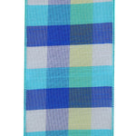 Load image into Gallery viewer, Close-up of 4 inch Dupioni Blues Plaid ribbon showing broad royal blue, aqua, white and green woven checks

