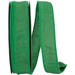 Load image into Gallery viewer, Large 50-yard roll of Florist Basics Dupioni Supreme Wired Edge Ribbon in Emerald featuring a vibrant faux silk finish and flexible wired edges for commercial decorating and event design.
