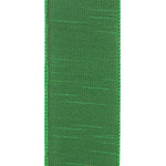 Load image into Gallery viewer, Back side of the 2½-inch Florist Basics Dupioni Supreme ribbon in Emerald displaying the woven polyester backing and reinforced wired edge.
