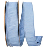 Load image into Gallery viewer, Large 50-yard roll of Florist Basics Dupioni Supreme Wired Edge Ribbon in French Blue featuring a vibrant faux silk finish and flexible wired edges for commercial decorating and event design.
