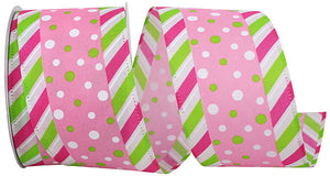 Easter Ribbons -- 2.5 in x 10 yards --- Dots Bright Diagonal Ticking Wired Edge Ribbon -- Fuchsia Color