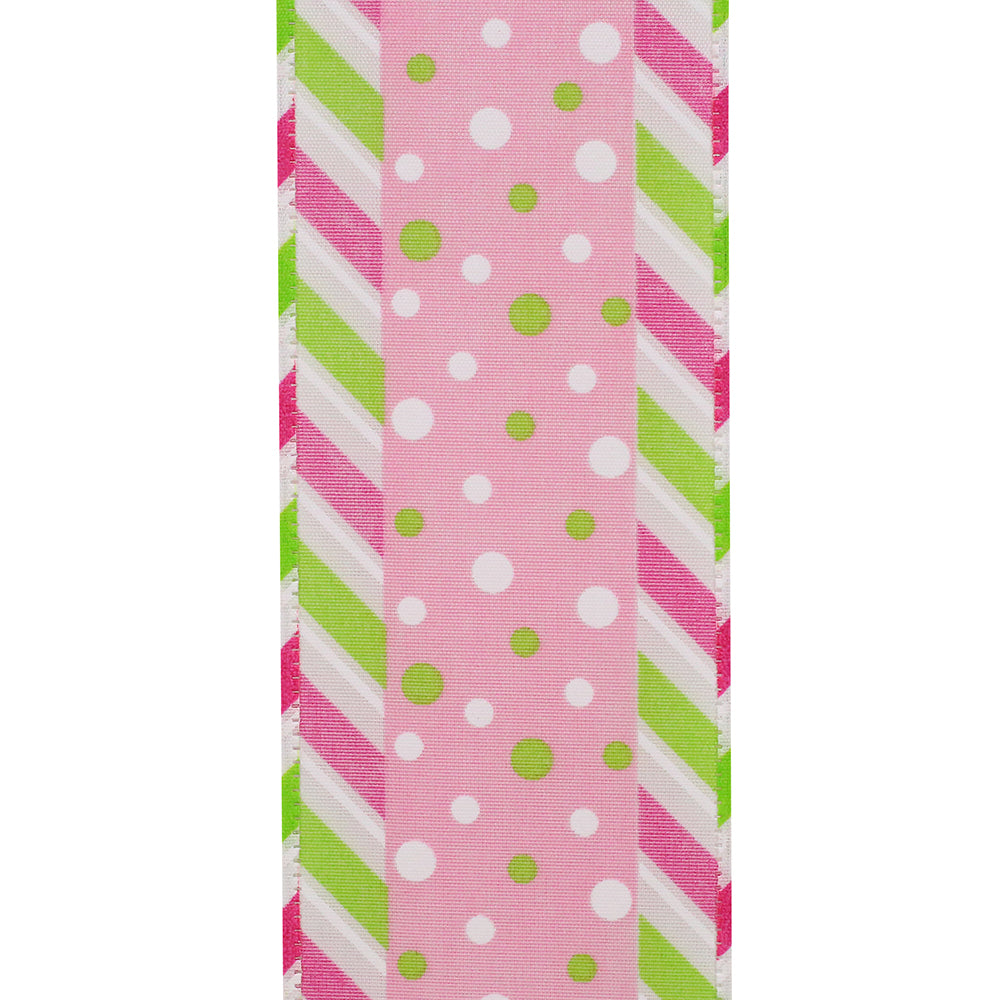 Easter Ribbons -- 2.5 in x 10 yards --- Dots Bright Diagonal Ticking Wired Edge Ribbon -- Fuchsia Color