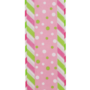 Easter Ribbons -- 2.5 in x 10 yards --- Dots Bright Diagonal Ticking Wired Edge Ribbon -- Fuchsia Color