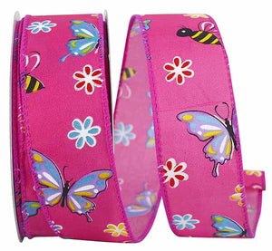 Butterflies & Bees Design - Wire Edge Ribbon -- Fuchsia -- Various Sizes