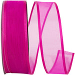 Load image into Gallery viewer, Charlize sheer satin wired edge ribbon spool in fuchsia color. Available in multiple widths for gift wrapping, floral design, weddings, and craft projects.
