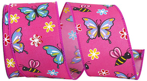 Butterflies & Bees Design - Wire Edge Ribbon -- Fuchsia -- Various Sizes