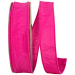 Load image into Gallery viewer, A partial, loose curl of the 1.5-inch wide Dupioni Supreme Wired Edge Ribbon, highlighting its solid vibrant fuchsia color, slubbed fabric texture, and a matching stitched wire edge.
