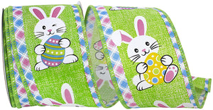 Easter Ribbons -- 2½ inch x 10 yards --- Easter Bunny Egg with Ticking Wire Edge Ribbon -- Green Color