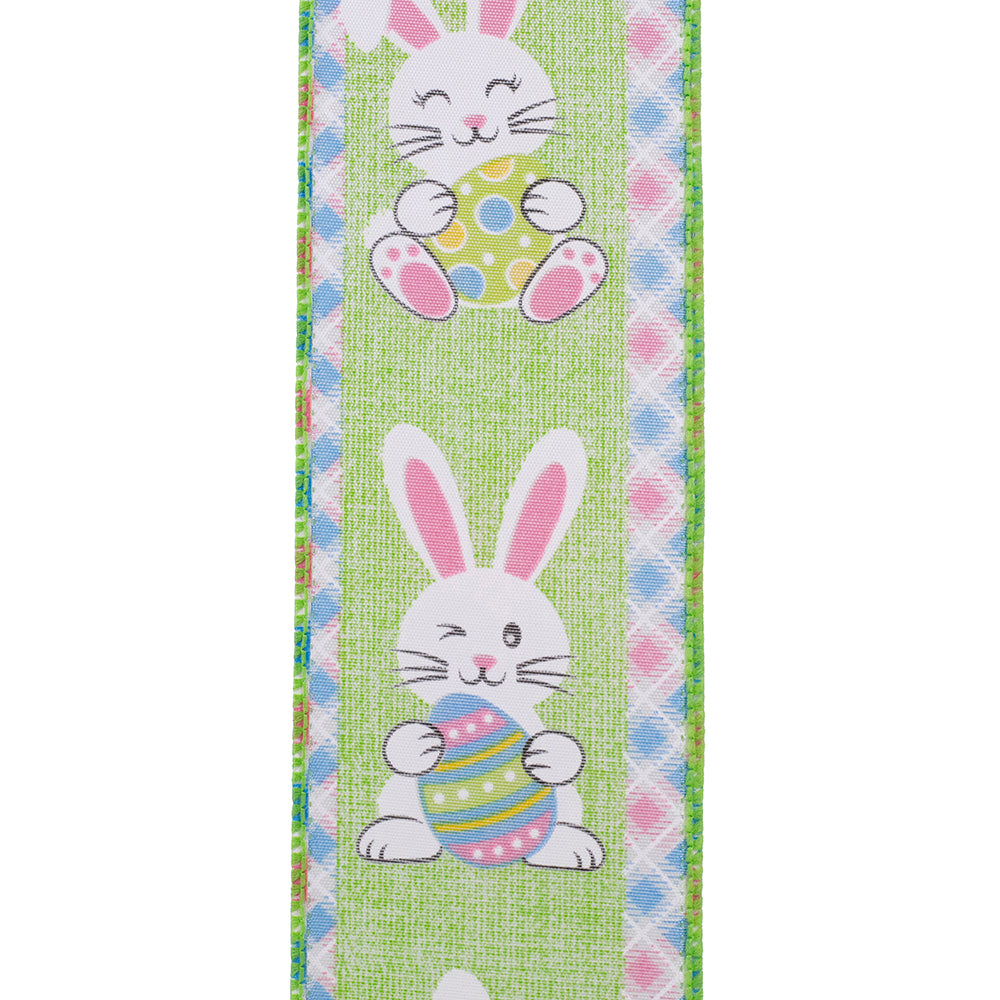 Easter Ribbons -- 2½ inch x 10 yards --- Easter Bunny Egg with Ticking Wire Edge Ribbon -- Green Color