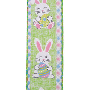 Easter Ribbons -- 2½ inch x 10 yards --- Easter Bunny Egg with Ticking Wire Edge Ribbon -- Green Color