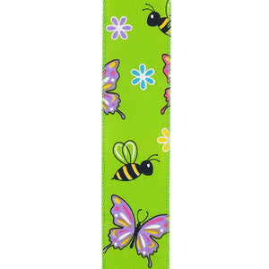 Butterflies & Bees Design - Wire Edge Ribbon -- Green -- Various Sizes