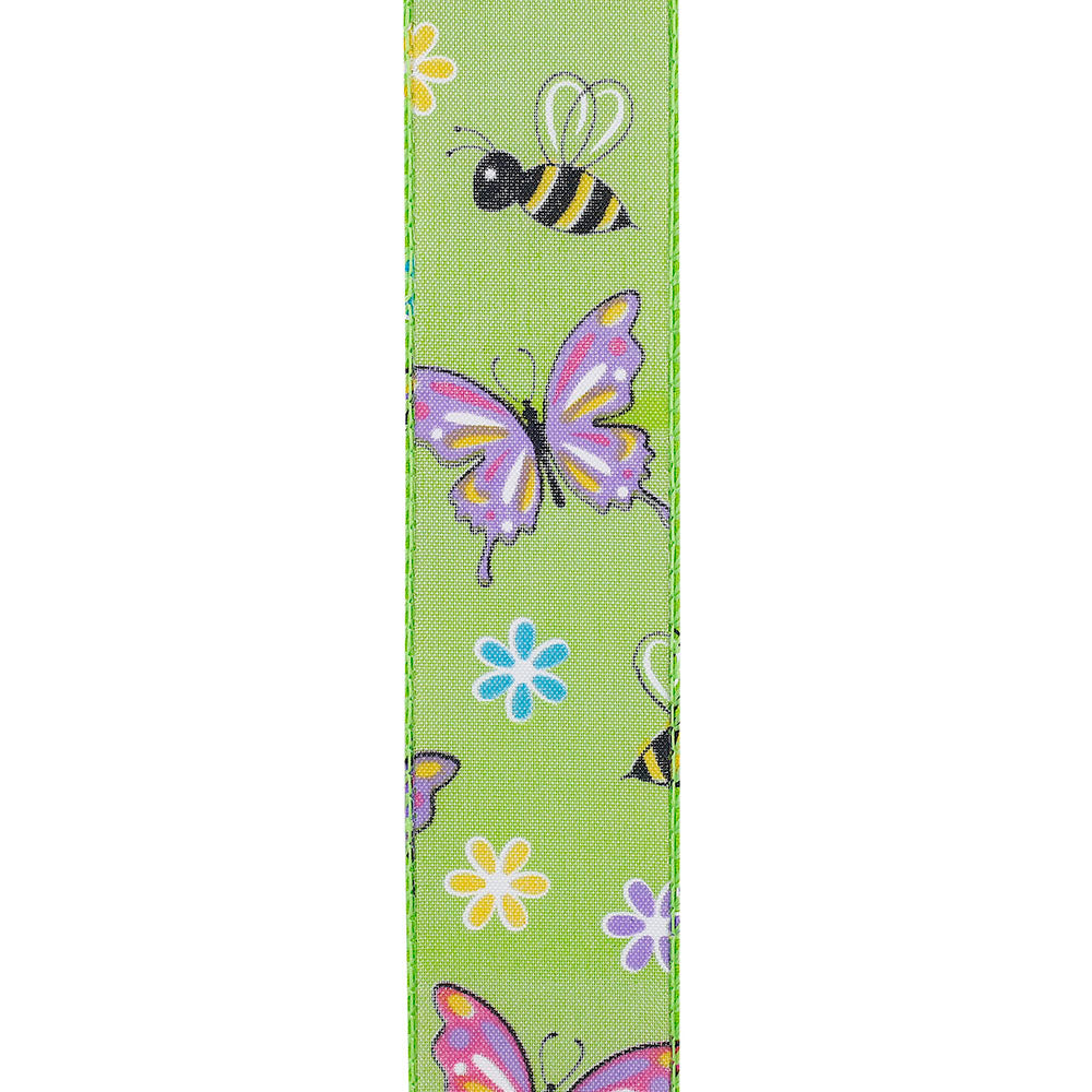 Butterflies & Bees Design - Wire Edge Ribbon -- Green -- Various Sizes