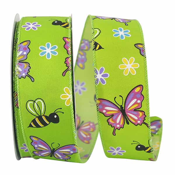 Butterflies & Bees Design - Wire Edge Ribbon -- Green -- Various Sizes