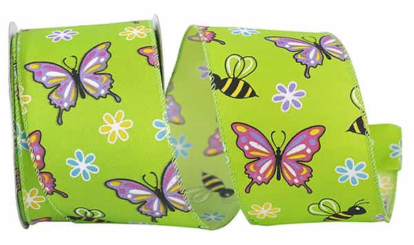 Butterflies & Bees Design - Wire Edge Ribbon -- Green -- Various Sizes