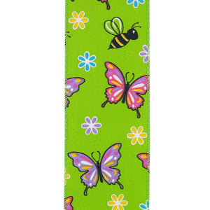 Butterflies & Bees Design - Wire Edge Ribbon -- Green -- Various Sizes