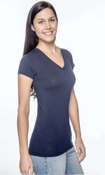 Load image into Gallery viewer, Ladies (Junior) Fitted --  (V-Neck) T-Shirt -- 100% Cotton -- Navy Color
