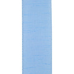 Load image into Gallery viewer, Back side of the 2½-inch Florist Basics Dupioni Supreme ribbon in Light Blue displaying the woven polyester backing and reinforced wired edge.
